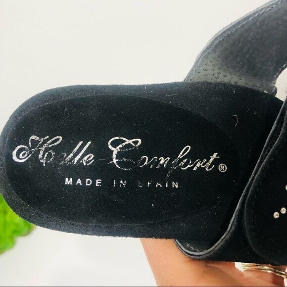 Helle Comfort Black Leather Rhinestone Strap Mule Heels - Picture 3 of 8